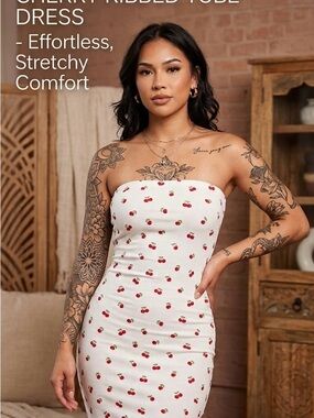 White Strapless Tube Dress with Red Cherry Print